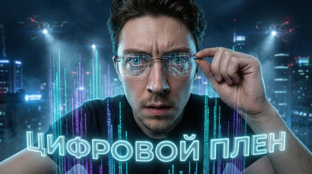 Футуристический мегаполис с цифровыми сетями, иллюстрирующий концепцию умного города и возможные угрозы тотального контроля.