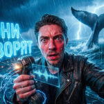 Кит под водой с графикой звуковых волн, показывающая работу нейросети по анализу сигналов, чтобы понять, о чем говорят киты.